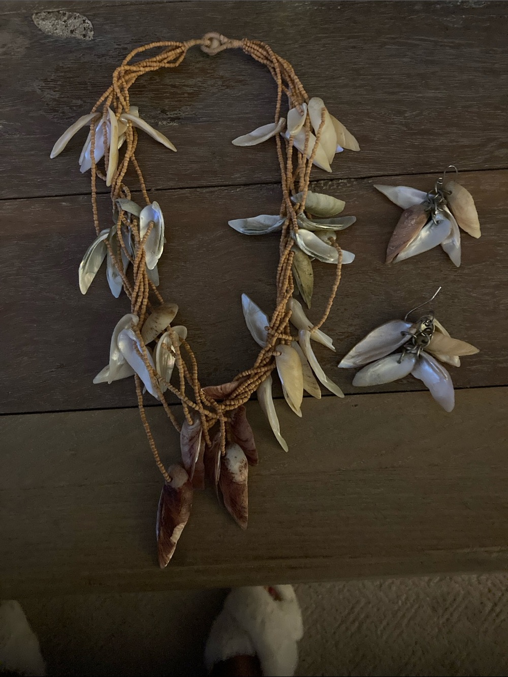 Handcrafted Shell Strand Necklace with Matching Earrings - Beige & Brown
